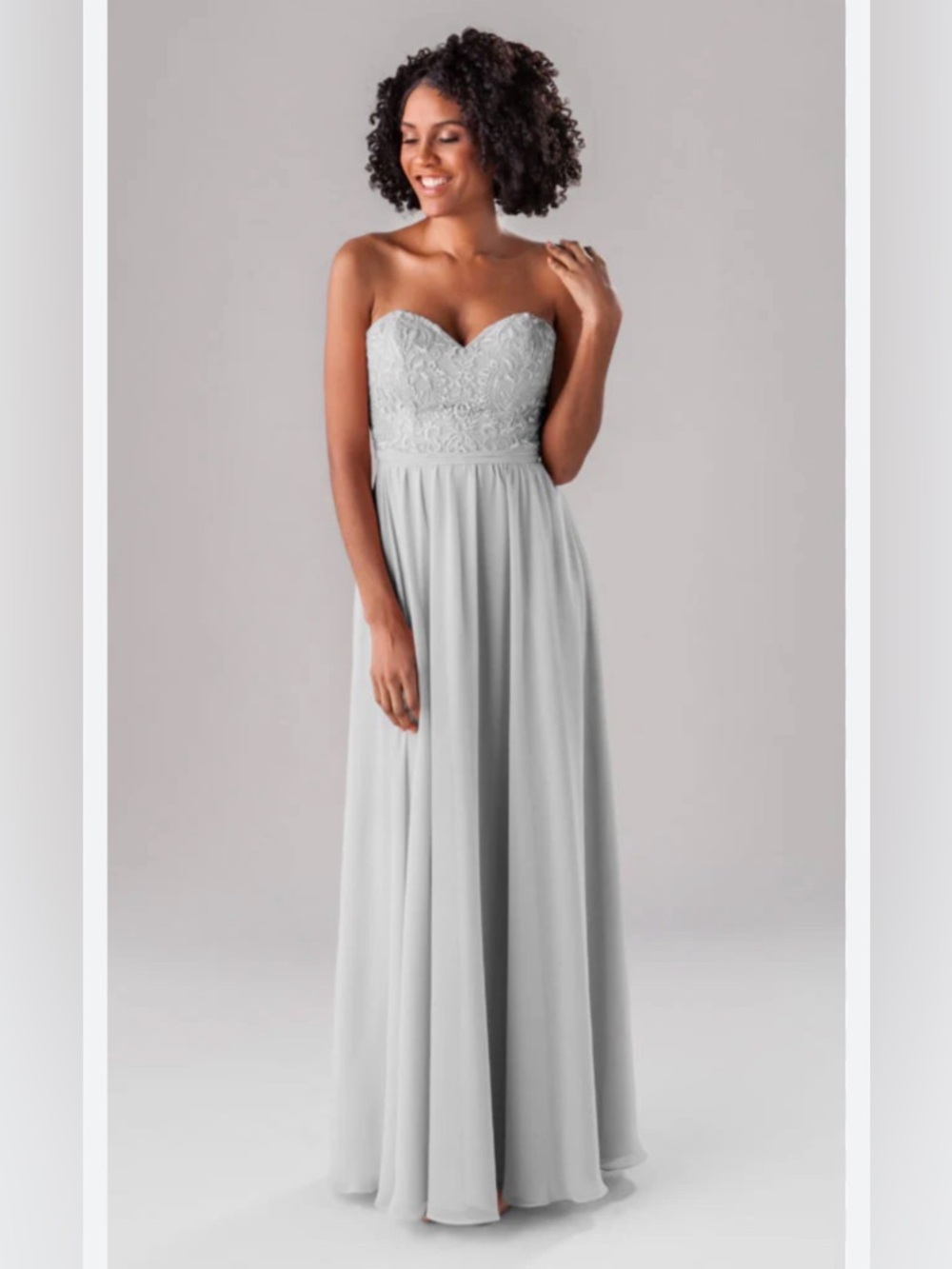 MoriLee Bridesmaid, Prom, Maxi Dress Lace Bodice Strapless Chiffon Skirt Silver